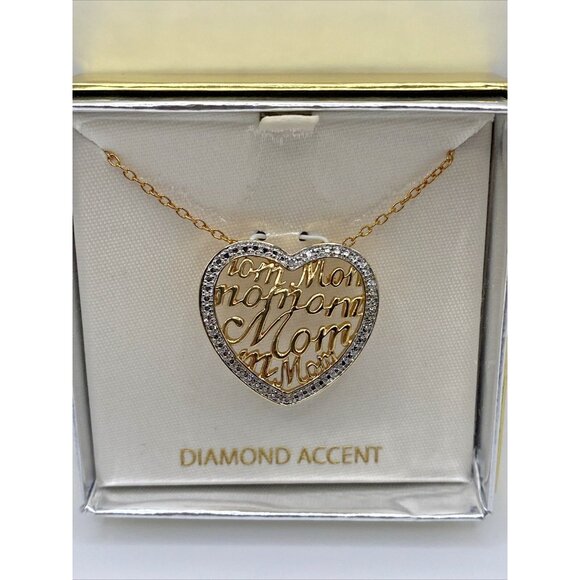 PAJ BB Jewelry - VTG Mom Diamond Accent Necklace 18k Yellow Gold Plate Heart Pendant 18" NOS Love